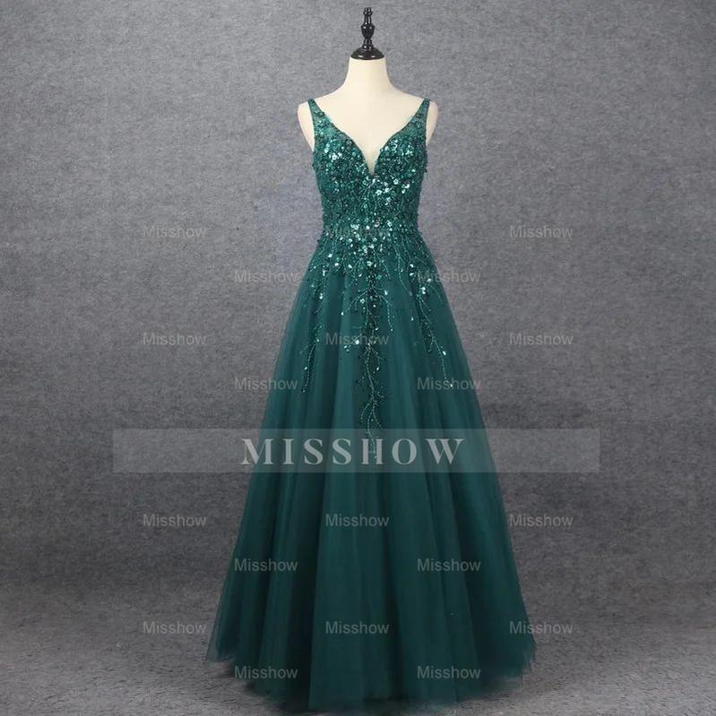 Emerald V Neck Floor Length Formal Dress A Line Sleeveless With Appliques