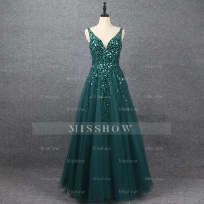 Emerald V Neck Floor Length Formal Dress A Line Sleeveless With Appliques