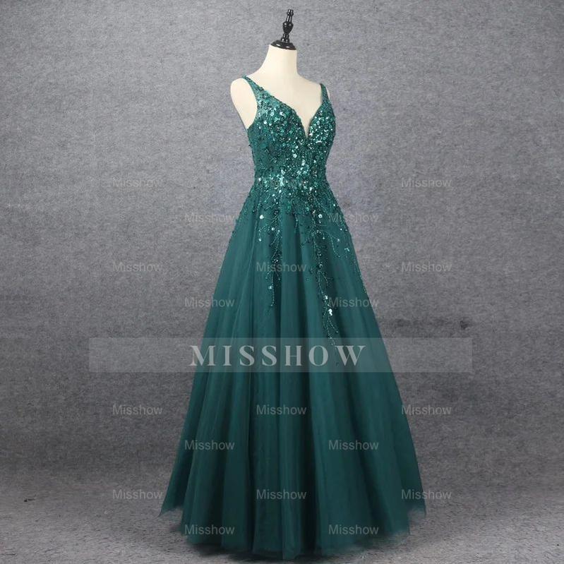Emerald V Neck Floor Length Formal Dress A Line Sleeveless With Appliques