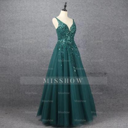 Emerald V Neck Floor Length Formal Dress A Line Sleeveless With Appliques