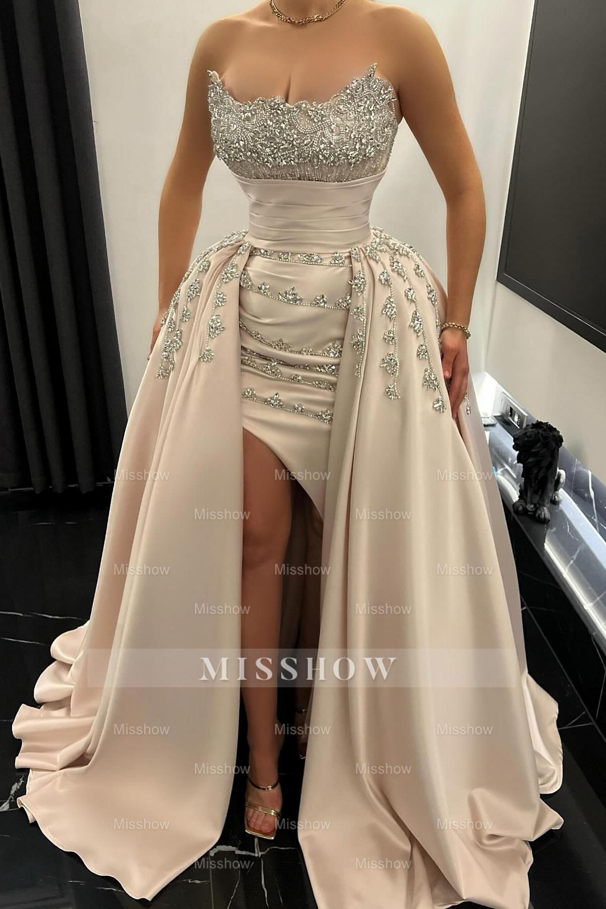 Enchanting A-Line Strapless Beading Sleeveless Split Front Long Satin Evening Dresses With Rhinestones