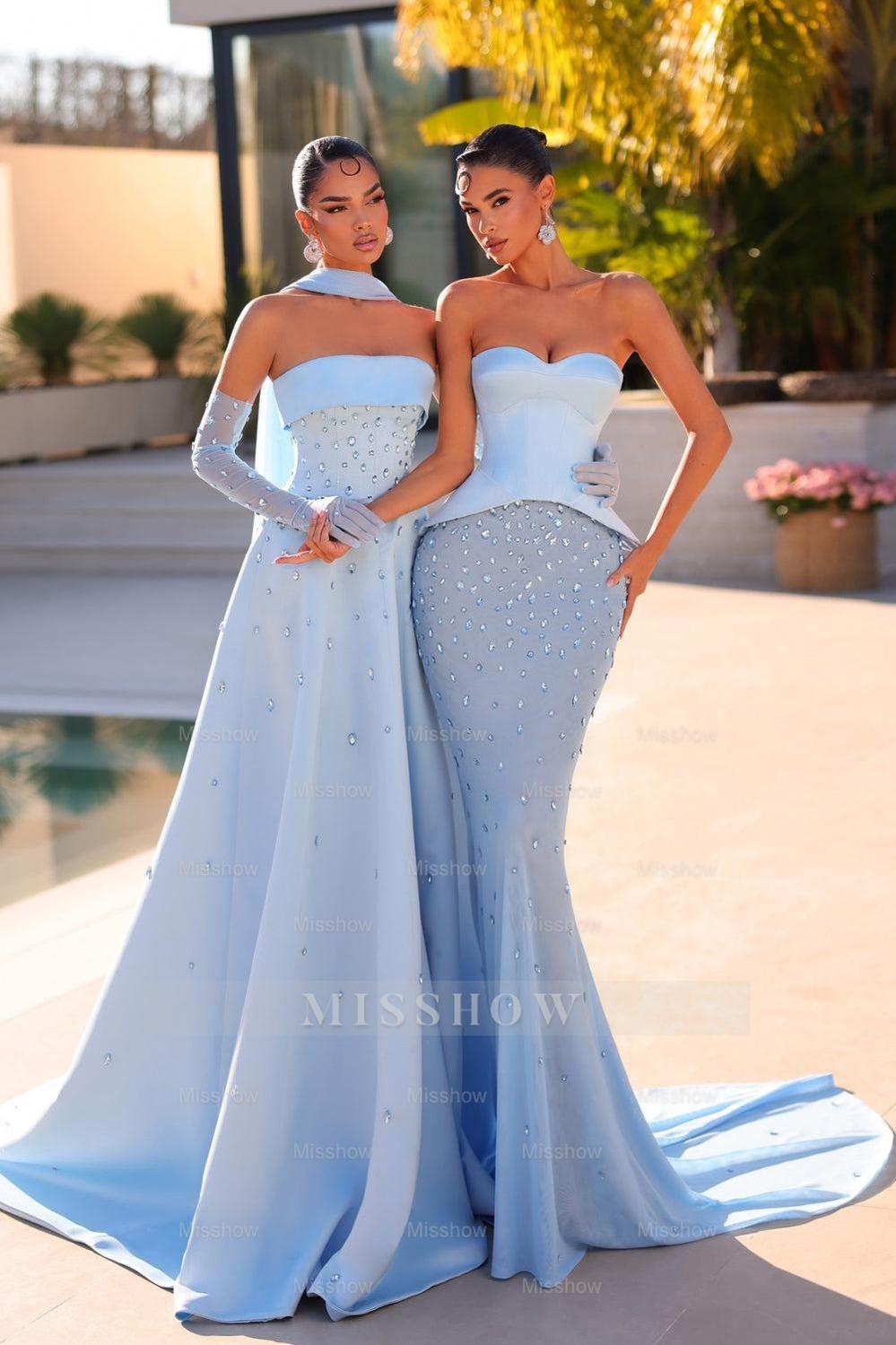 Enchanting Blue A-line Beaded Strapless Sleeveless Long Satin Prom Dresses With Rhinestone