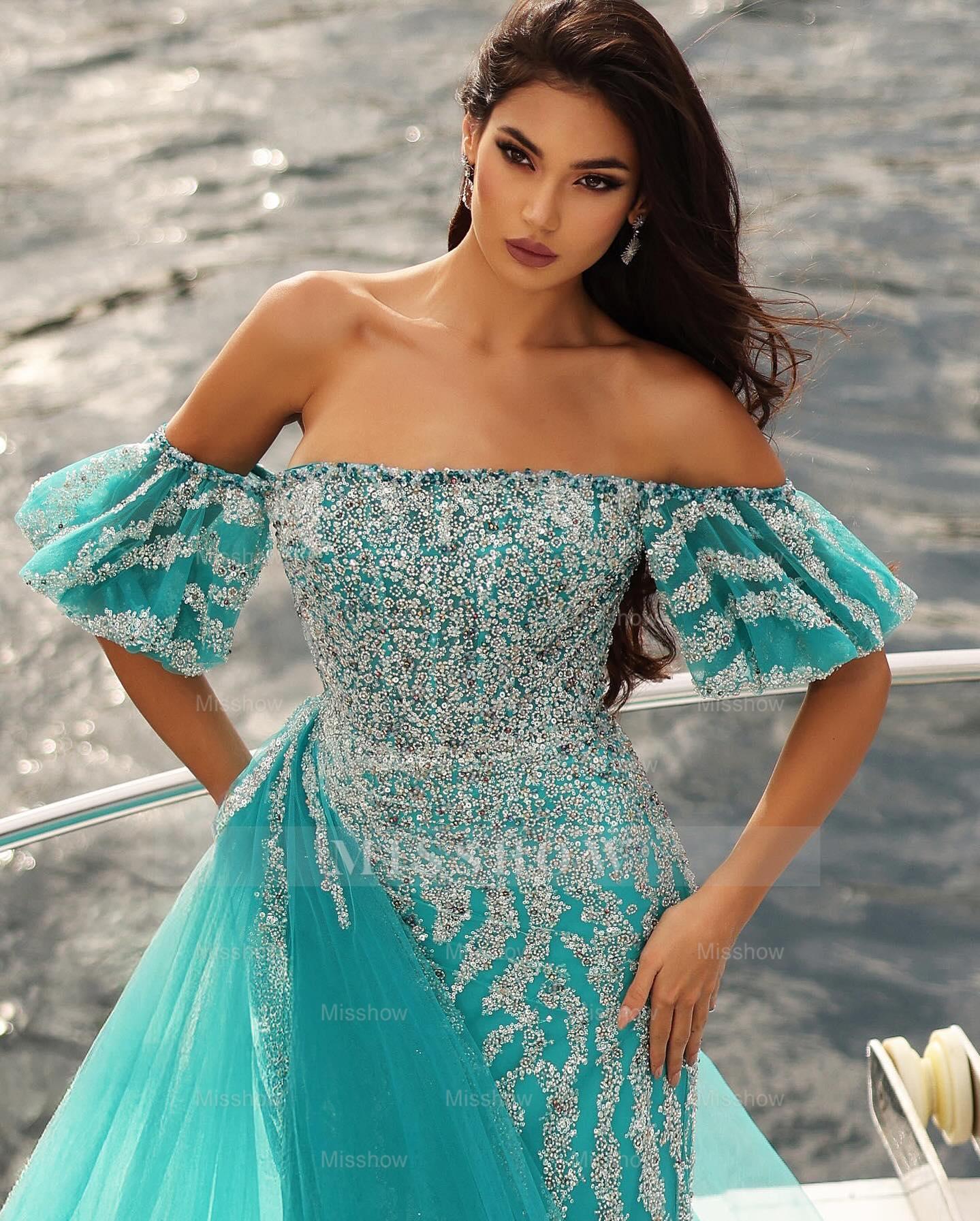 Enchanting Blue Column Strapless Off-The-Shoulder Sleeveless Sequined Panel Train Tulle Prom Dresses