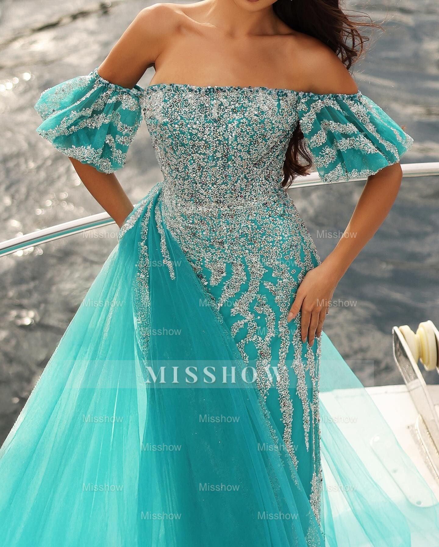 Enchanting Blue Column Strapless Off-The-Shoulder Sleeveless Sequined Panel Train Tulle Prom Dresses