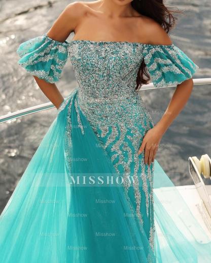 Enchanting Blue Column Strapless Off-The-Shoulder Sleeveless Sequined Panel Train Tulle Prom Dresses