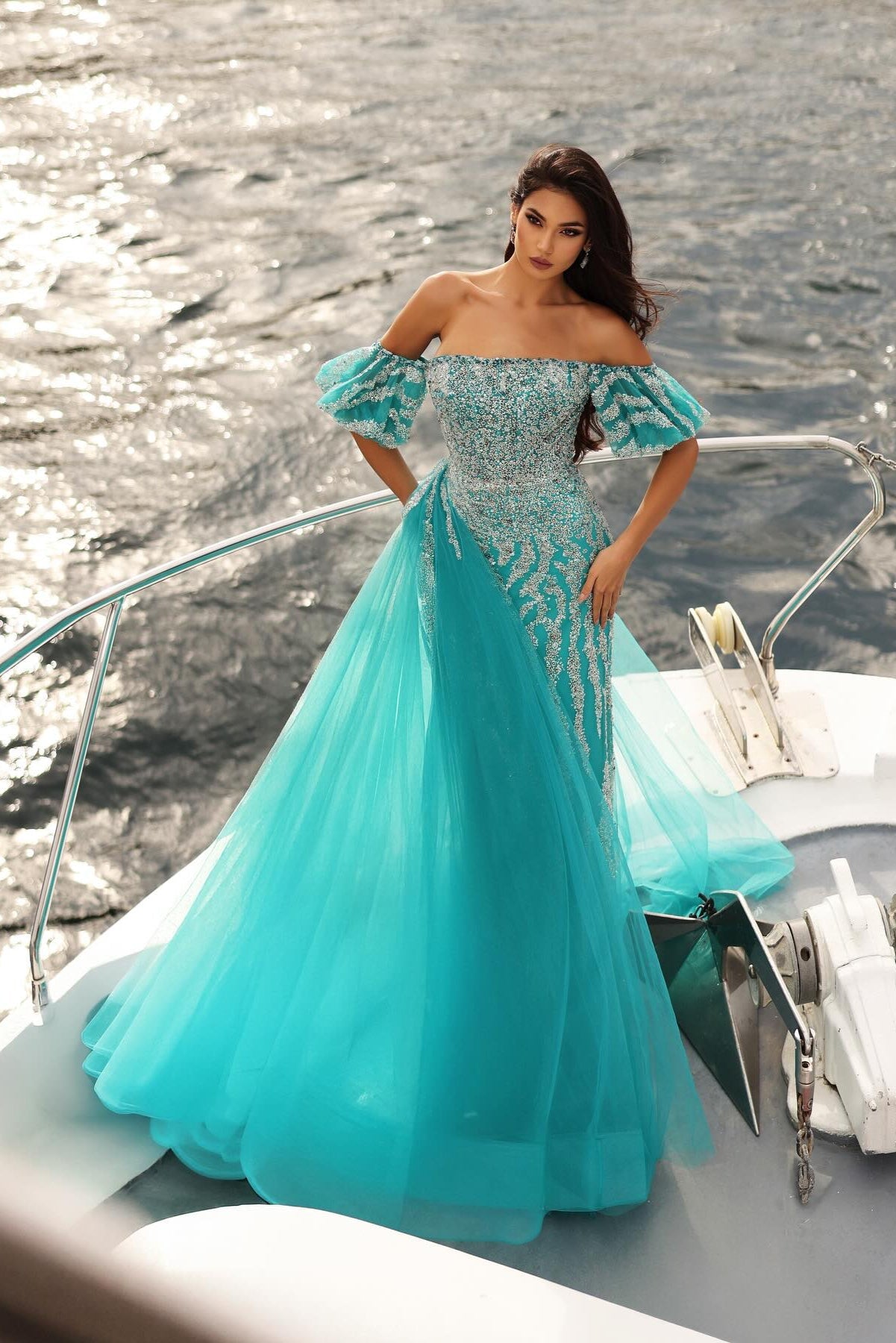 Enchanting Blue Column Strapless Off-The-Shoulder Sleeveless Sequined Panel Train Tulle Prom Dresses