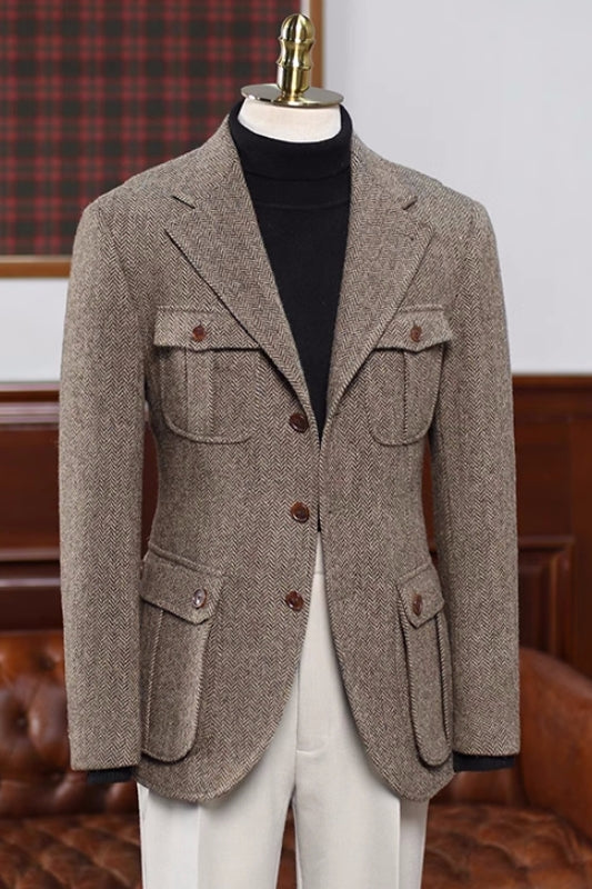 Enchanting Brown Herringbone Notched Lapel Prom Outfit