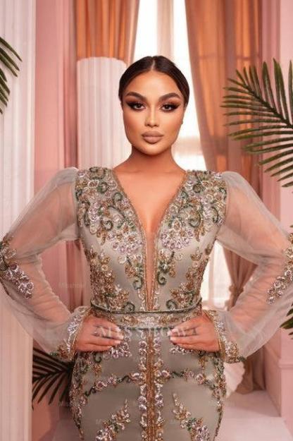 Enchanting Mermaid V-Neck Long Tulle Sleeves Embroidery Sweep Train Satin Evening Dresses With Slit