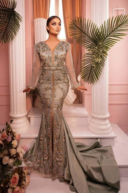Enchanting Mermaid V-Neck Long Tulle Sleeves Embroidery Sweep Train Satin Evening Dresses With Slit