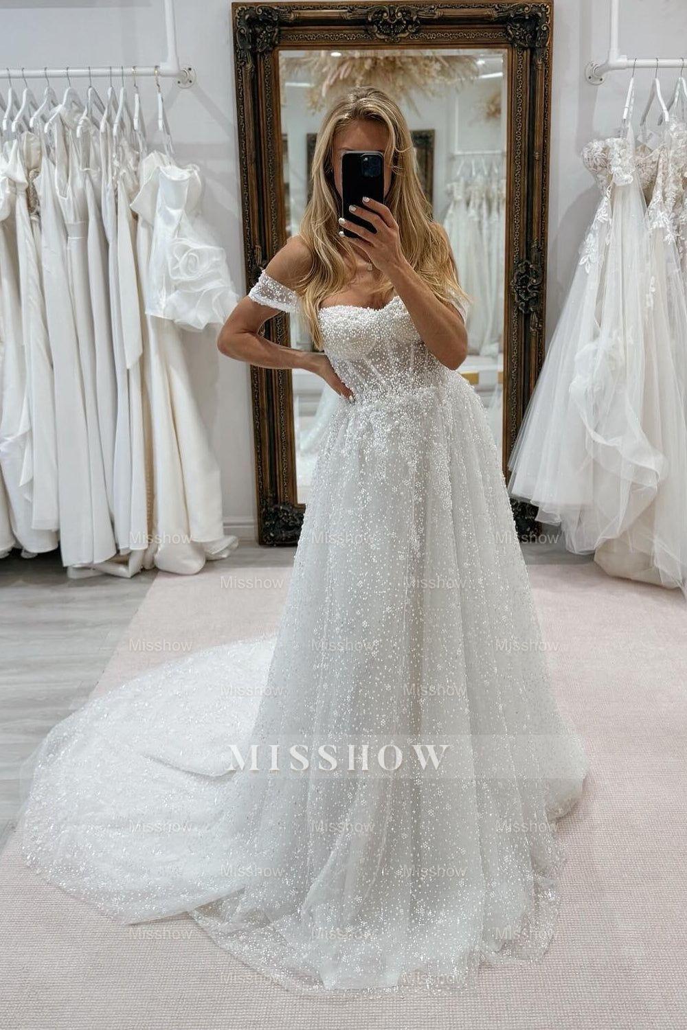 Enchanting White A-Line Strapless Off-The-Shoulder Sleeveless Beaded Chapel Train Tulle Wedding Dresses With Pearls