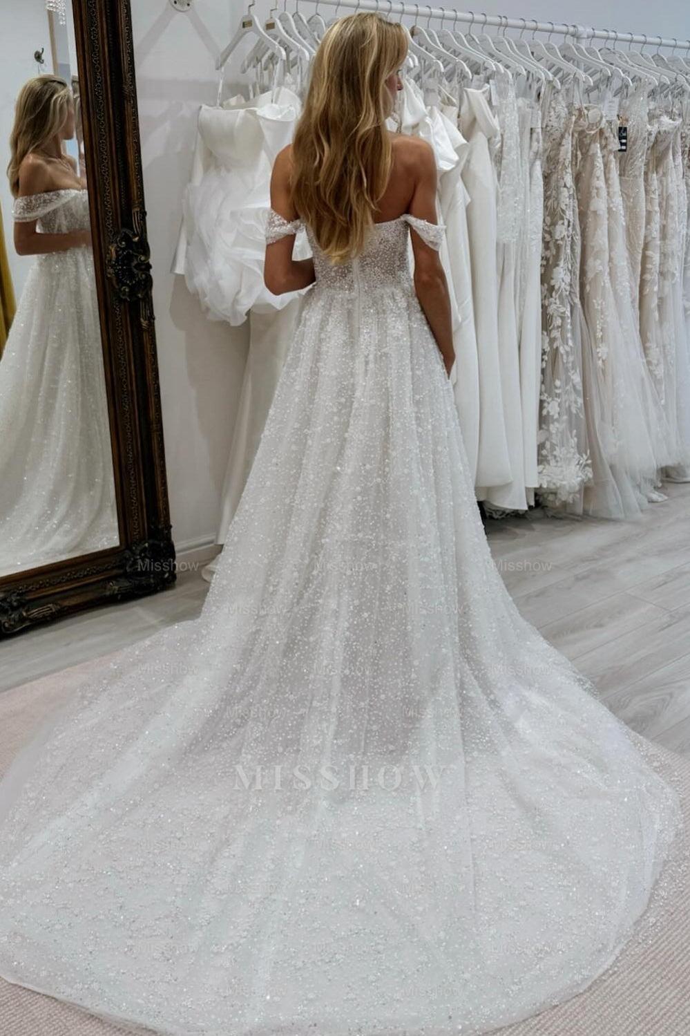 Enchanting White A-Line Strapless Off-The-Shoulder Sleeveless Beaded Chapel Train Tulle Wedding Dresses With Pearls