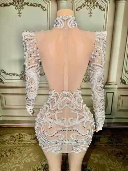 Enchanting White High-Neck Beaded Long Sleeve Zipper Column Tulle Short Prom Dresses With Pearls