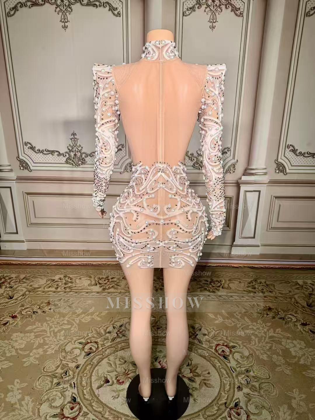 Enchanting White High-Neck Beaded Long Sleeve Zipper Column Tulle Short Prom Dresses With Pearls