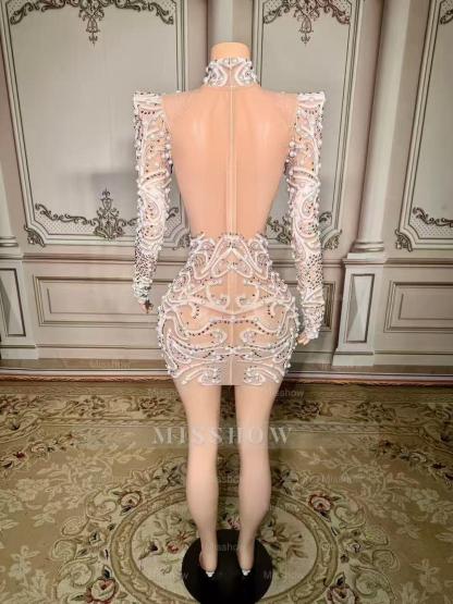 Enchanting White High-Neck Beaded Long Sleeve Zipper Column Tulle Short Prom Dresses With Pearls