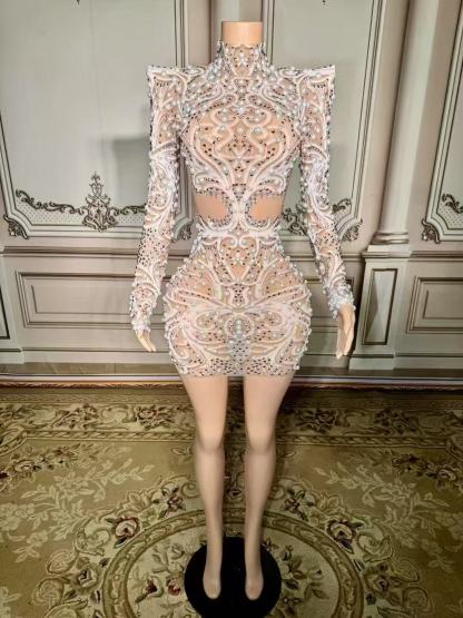 Enchanting White High-Neck Beaded Long Sleeve Zipper Column Tulle Short Prom Dresses With Pearls