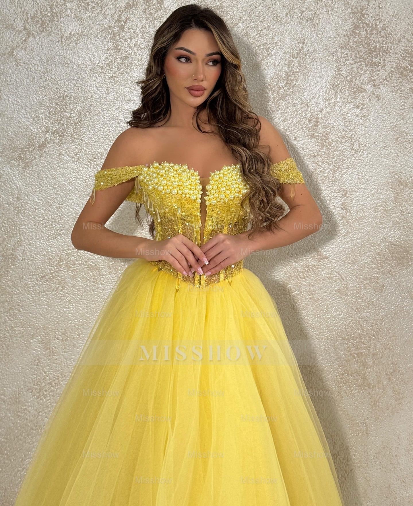 Enchanting Yellow Ball Gown Strapless Off-The-Shoulder Sleeveless Beaded Sequined Tulle Formal Dress With Pearls