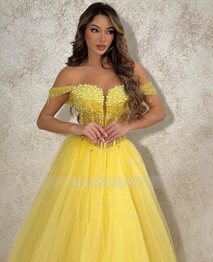 Enchanting Yellow Ball Gown Strapless Off-The-Shoulder Sleeveless Beaded Sequined Tulle Formal Dress With Pearls