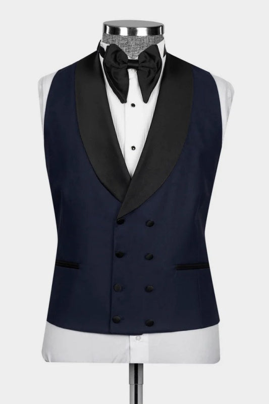 Navy Blue Shawl Collar Three-Piece Wedding Men's Ensemble