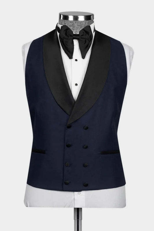 Navy Blue Shawl Collar Three-Piece Wedding Men's Ensemble