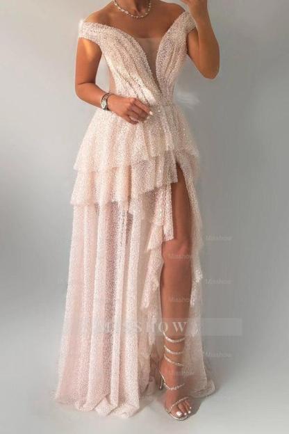 Ethereal Pink Off-The-Shoulder Sleeveless A-Line Prom Dress with Beadings and Slit