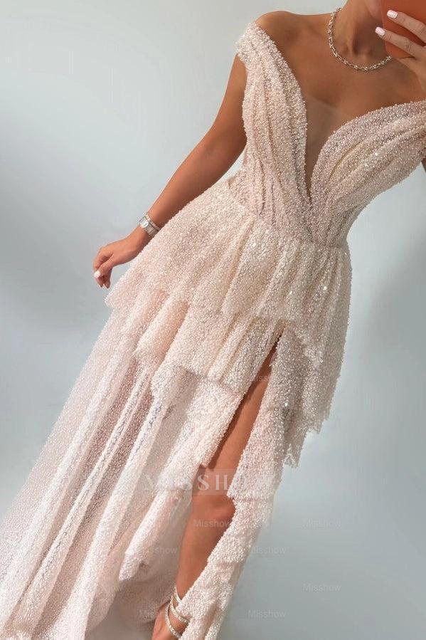 Ethereal Pink Off-The-Shoulder Sleeveless A-Line Prom Dress with Beadings and Slit