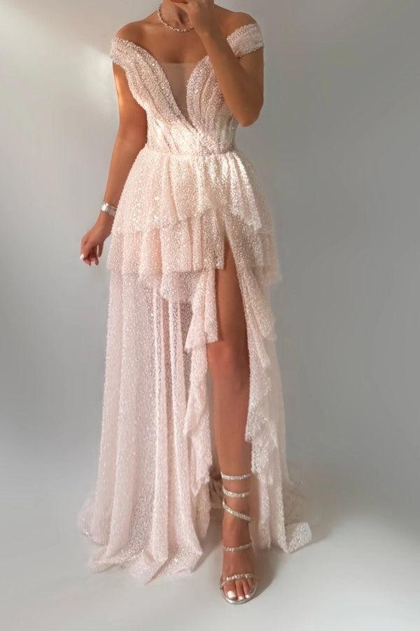 Ethereal Pink Off-The-Shoulder Sleeveless A-Line Prom Dress with Beadings and Slit