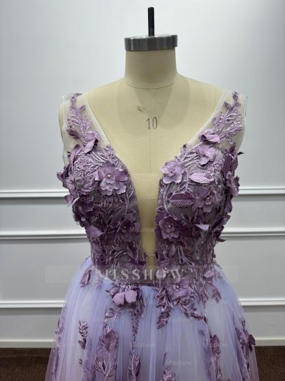 Ethereal Purple Chiffon A-Line V-Neck Long Evening Dresses with Flowers