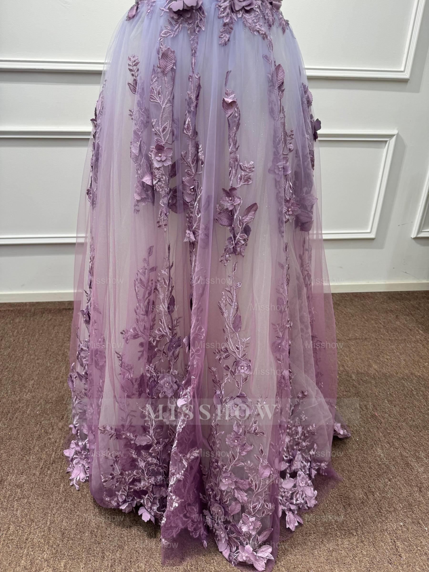 Ethereal Purple Chiffon A-Line V-Neck Long Evening Dresses with Flowers