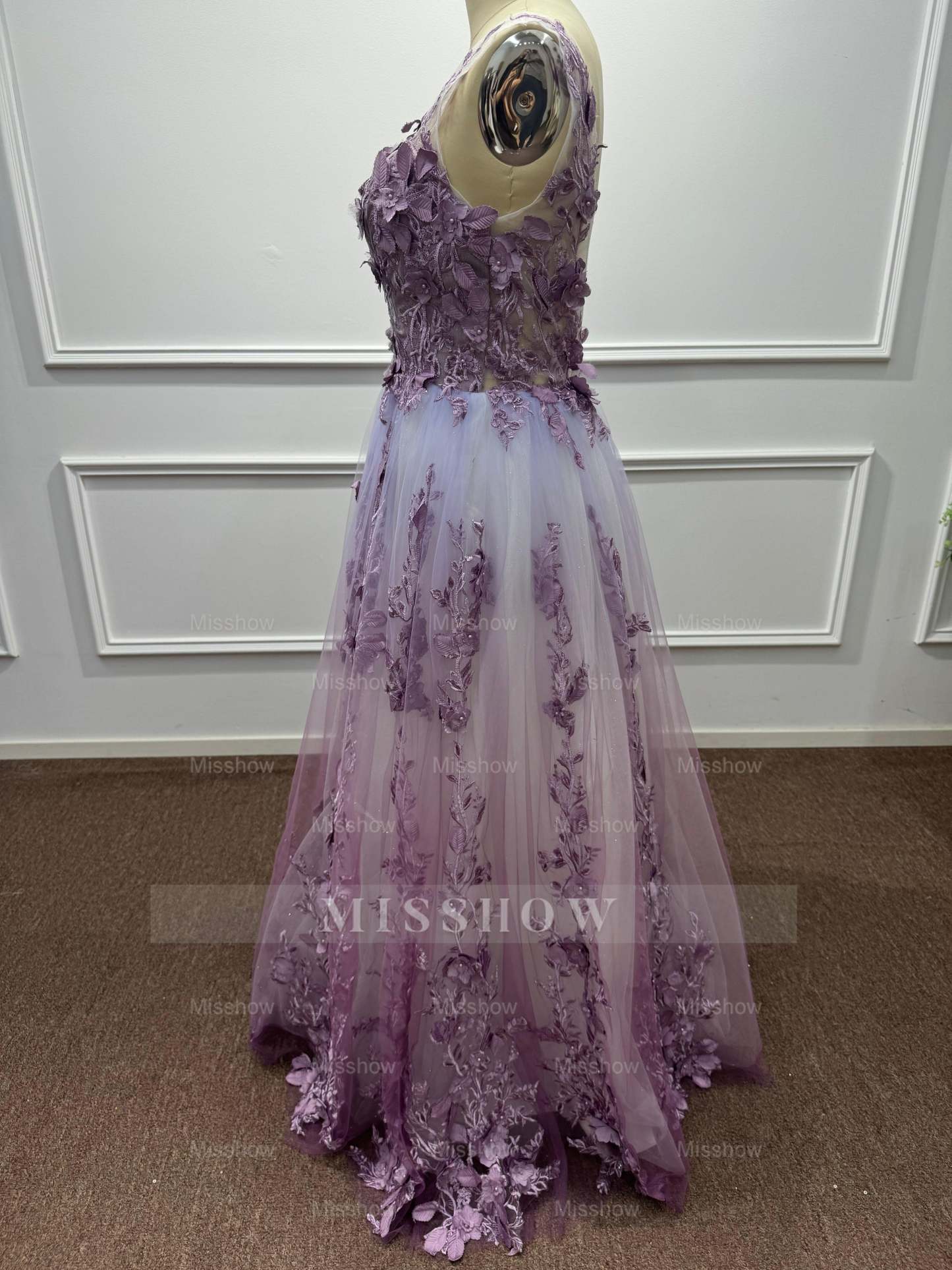 Ethereal Purple Chiffon A-Line V-Neck Long Evening Dresses with Flowers