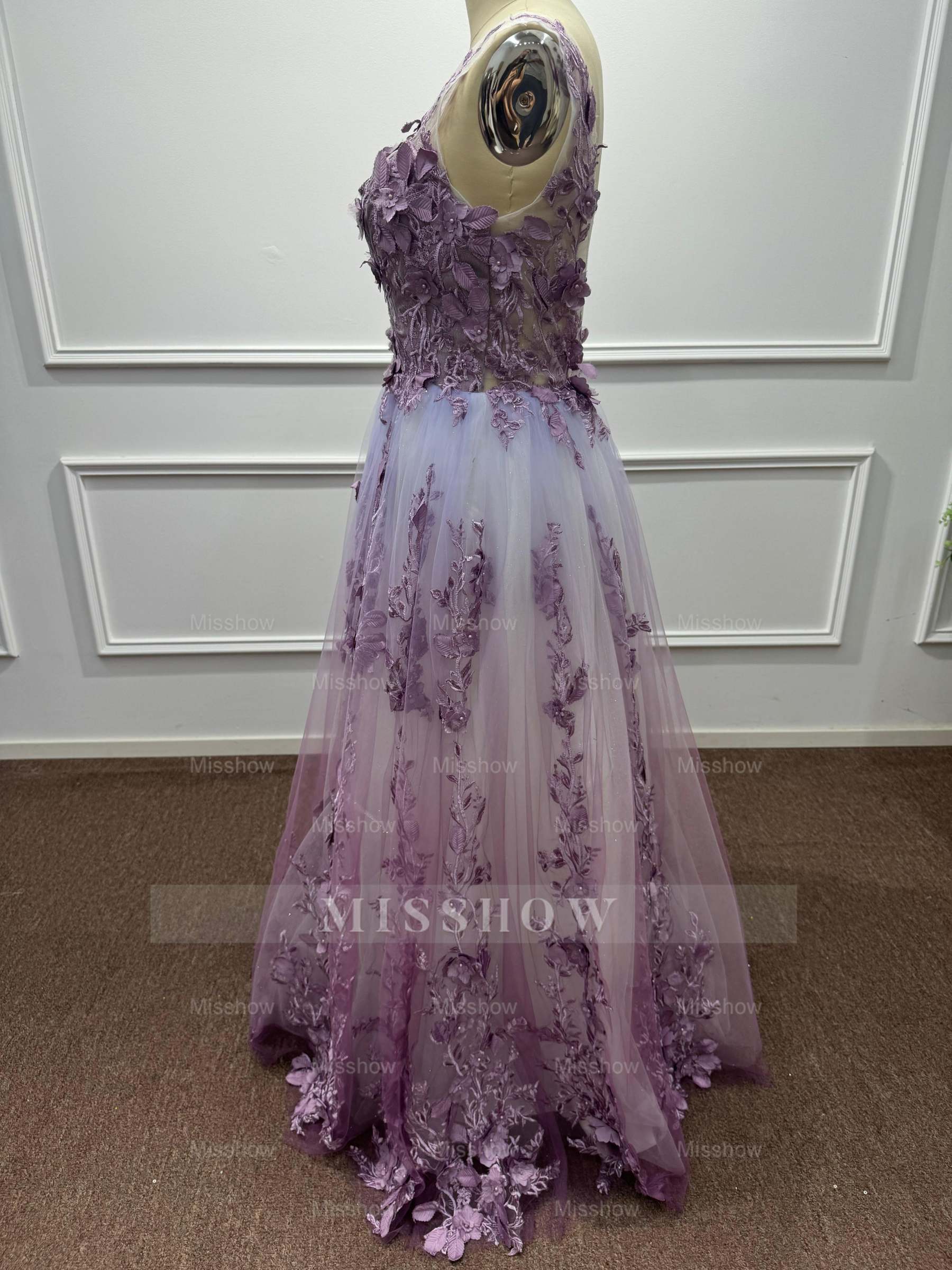 Ethereal Purple Chiffon A-Line V-Neck Long Evening Dresses with Flowers