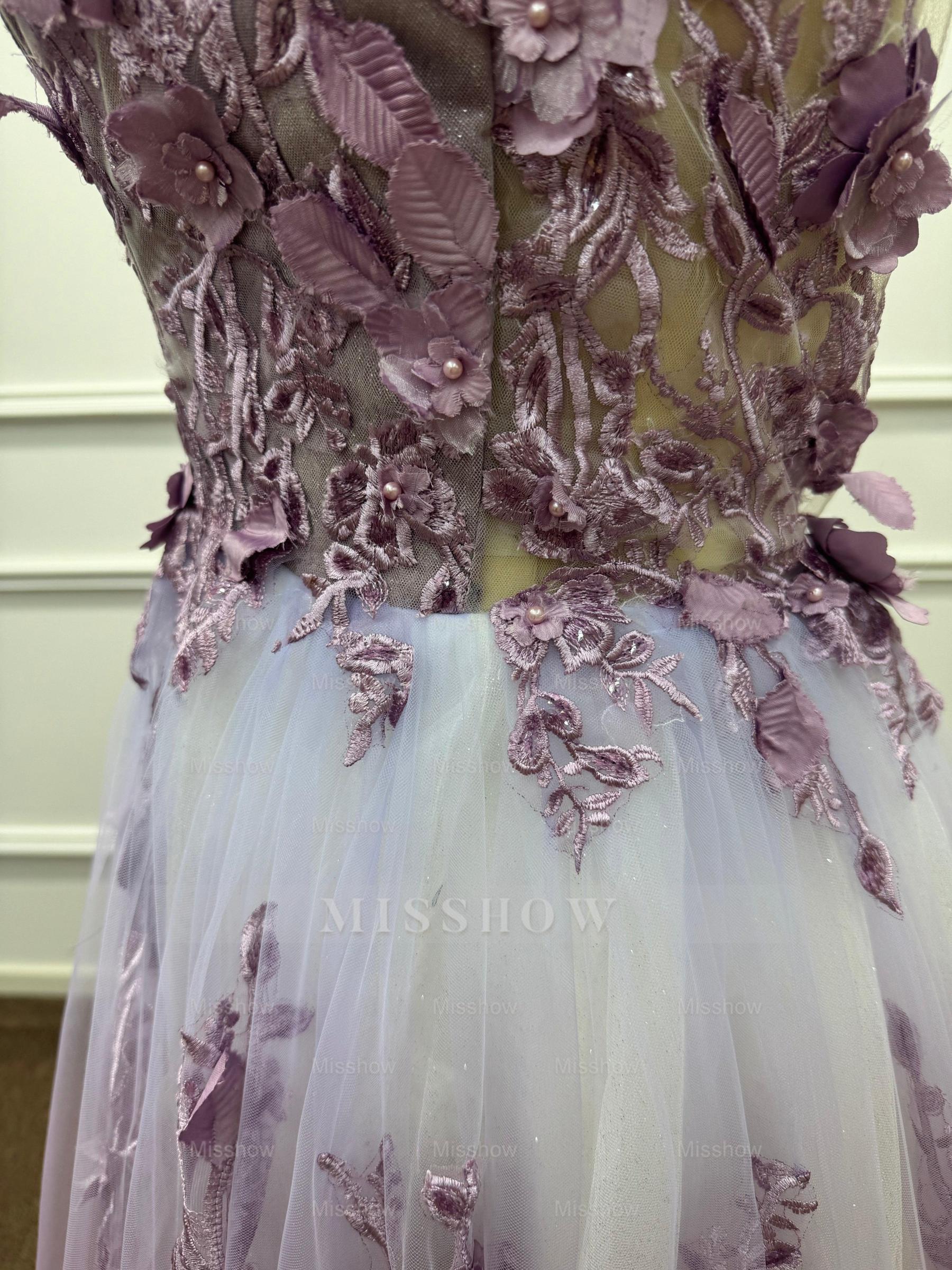 Ethereal Purple Chiffon A-Line V-Neck Long Evening Dresses with Flowers