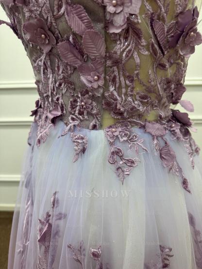 Ethereal Purple Chiffon A-Line V-Neck Long Evening Dresses with Flowers