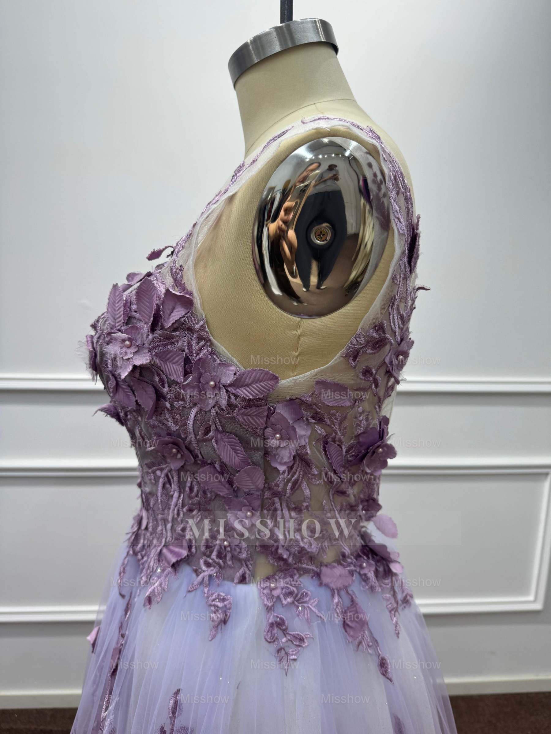 Ethereal Purple Chiffon A-Line V-Neck Long Evening Dresses with Flowers