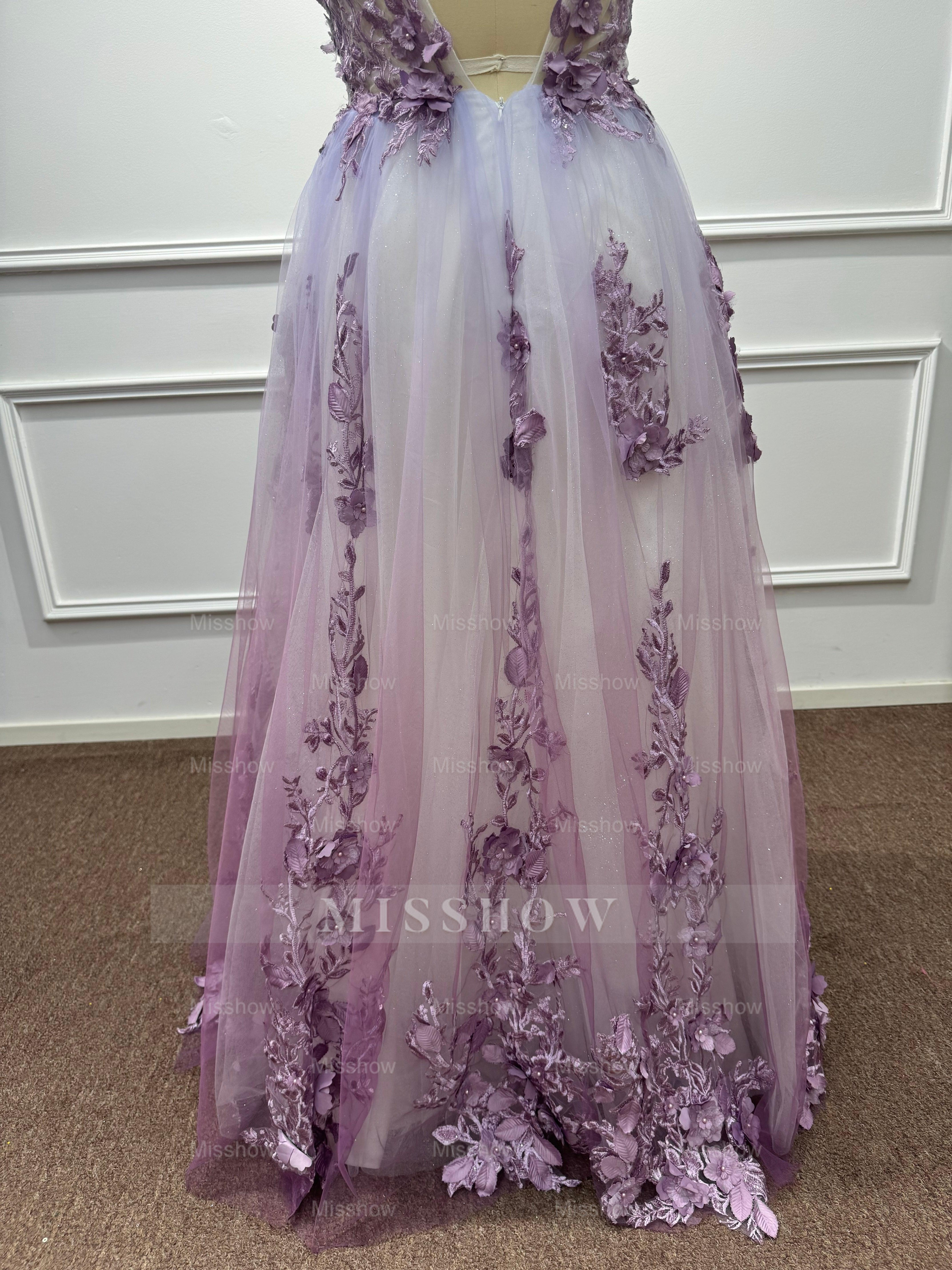 Ethereal Purple Chiffon A-Line V-Neck Long Evening Dresses with Flowers