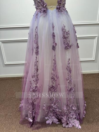 Ethereal Purple Chiffon A-Line V-Neck Long Evening Dresses with Flowers