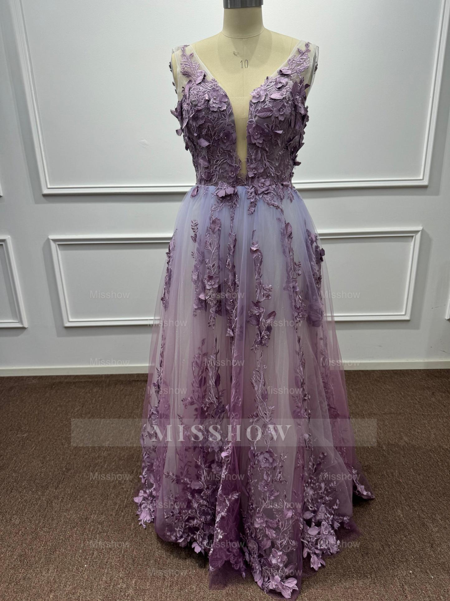 Ethereal Purple Chiffon A-Line V-Neck Long Evening Dresses with Flowers