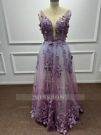 Ethereal Purple Chiffon A-Line V-Neck Long Evening Dresses with Flowers
