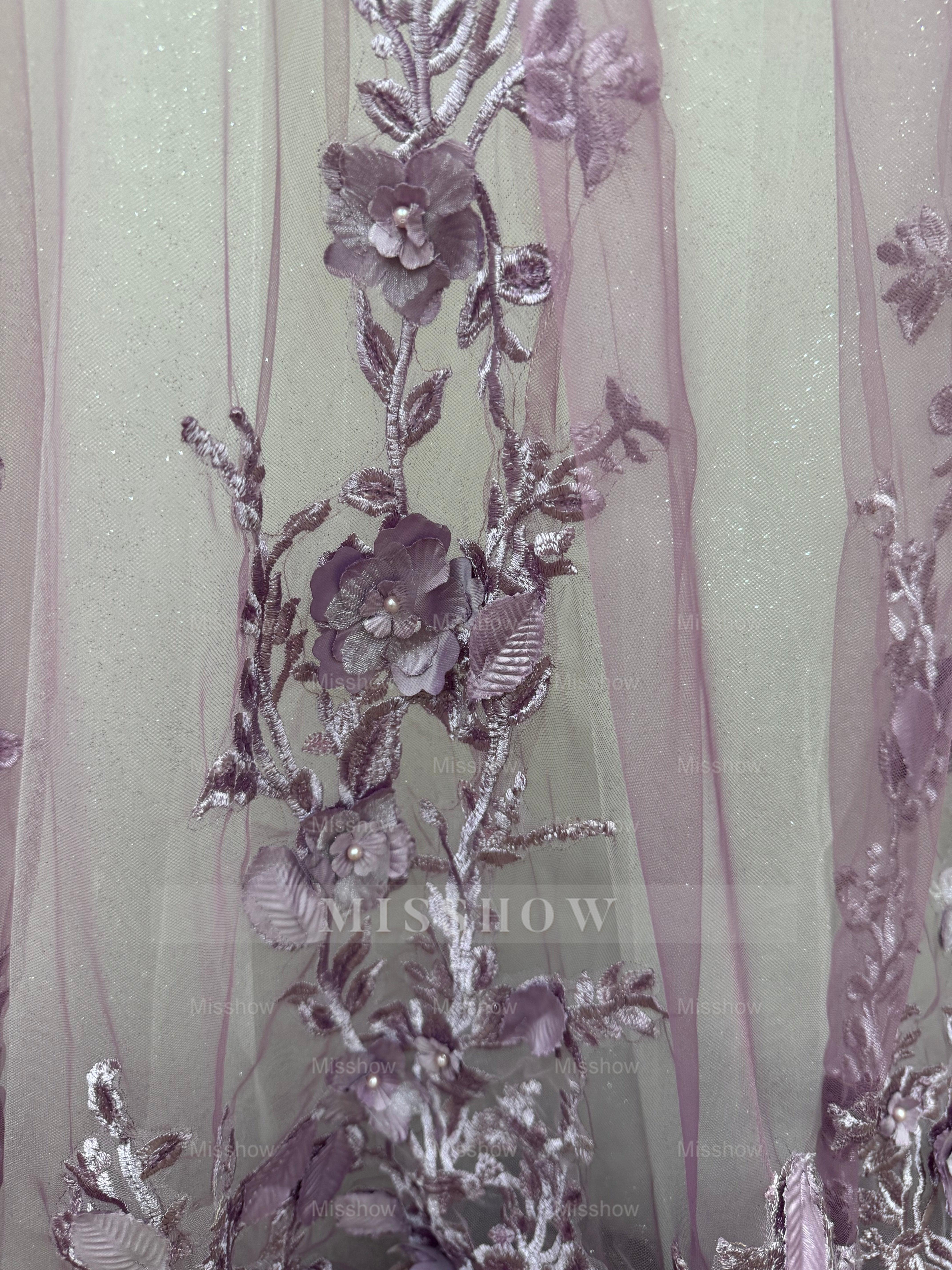 Ethereal Purple Chiffon A-Line V-Neck Long Evening Dresses with Flowers