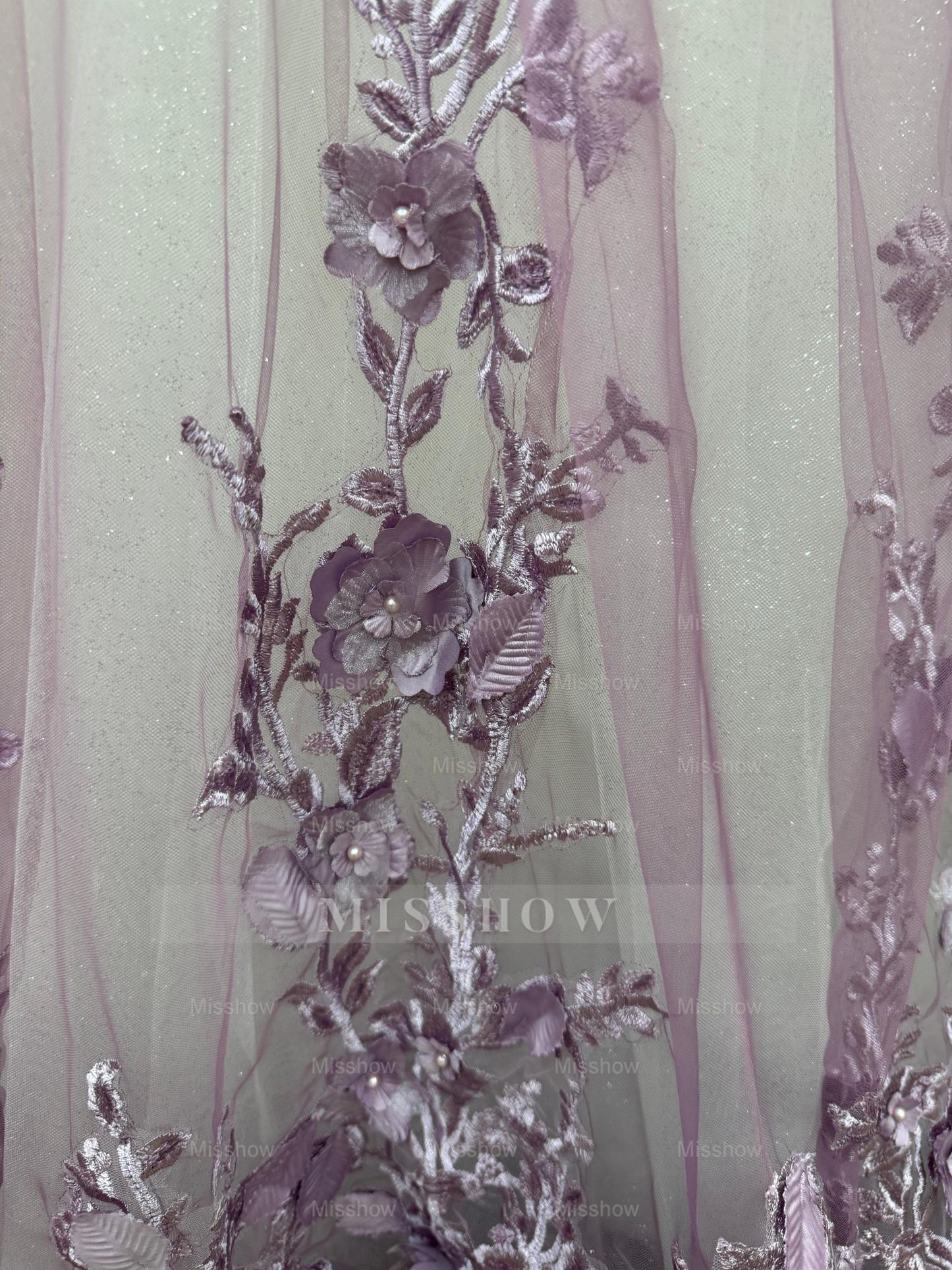 Ethereal Purple Chiffon A-Line V-Neck Long Evening Dresses with Flowers
