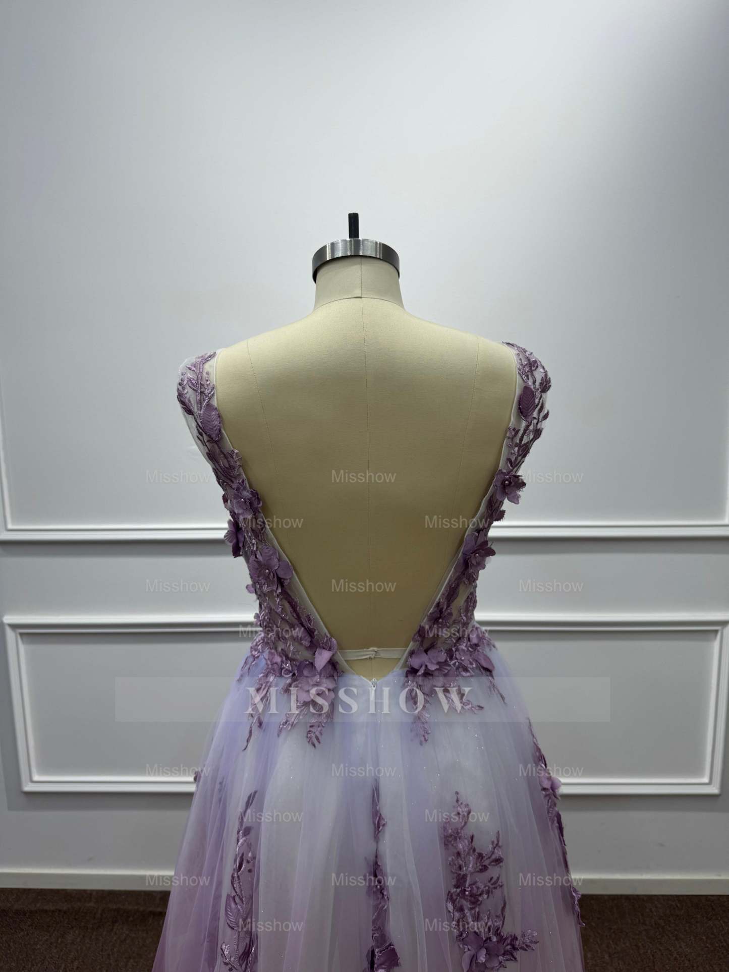 Ethereal Purple Chiffon A-Line V-Neck Long Evening Dresses with Flowers