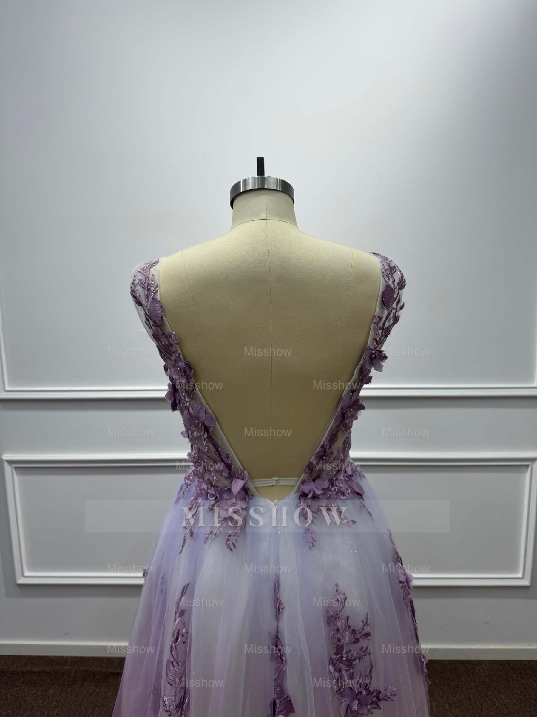 Ethereal Purple Chiffon A-Line V-Neck Long Evening Dresses with Flowers