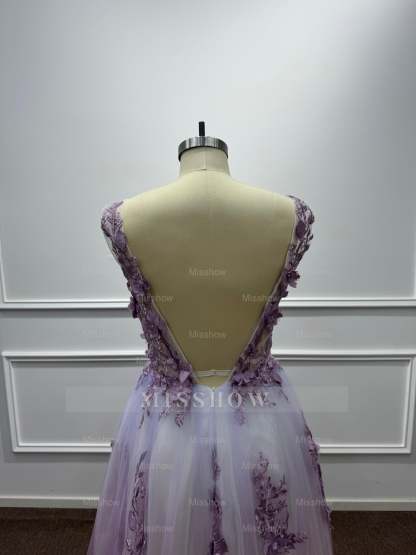 Ethereal Purple Chiffon A-Line V-Neck Long Evening Dresses with Flowers