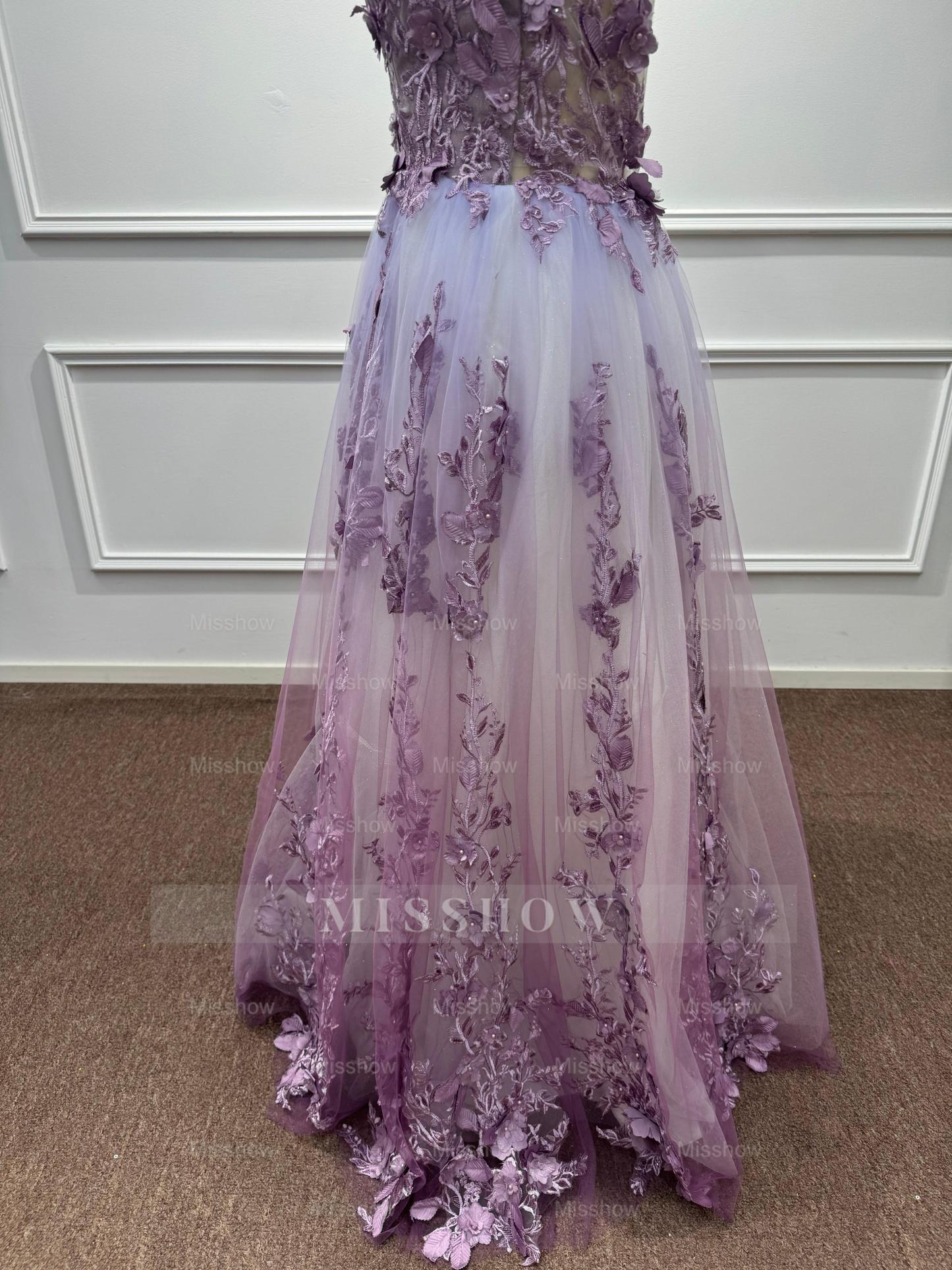 Ethereal Purple Chiffon A-Line V-Neck Long Evening Dresses with Flowers