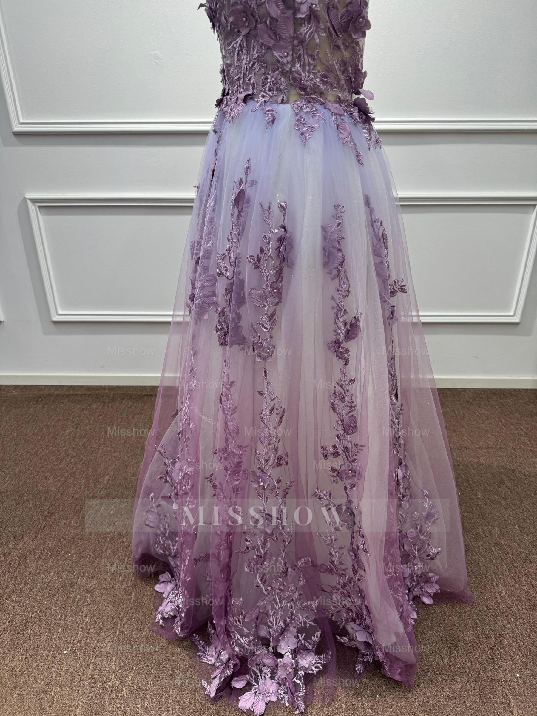Ethereal Purple Chiffon A-Line V-Neck Long Evening Dresses with Flowers