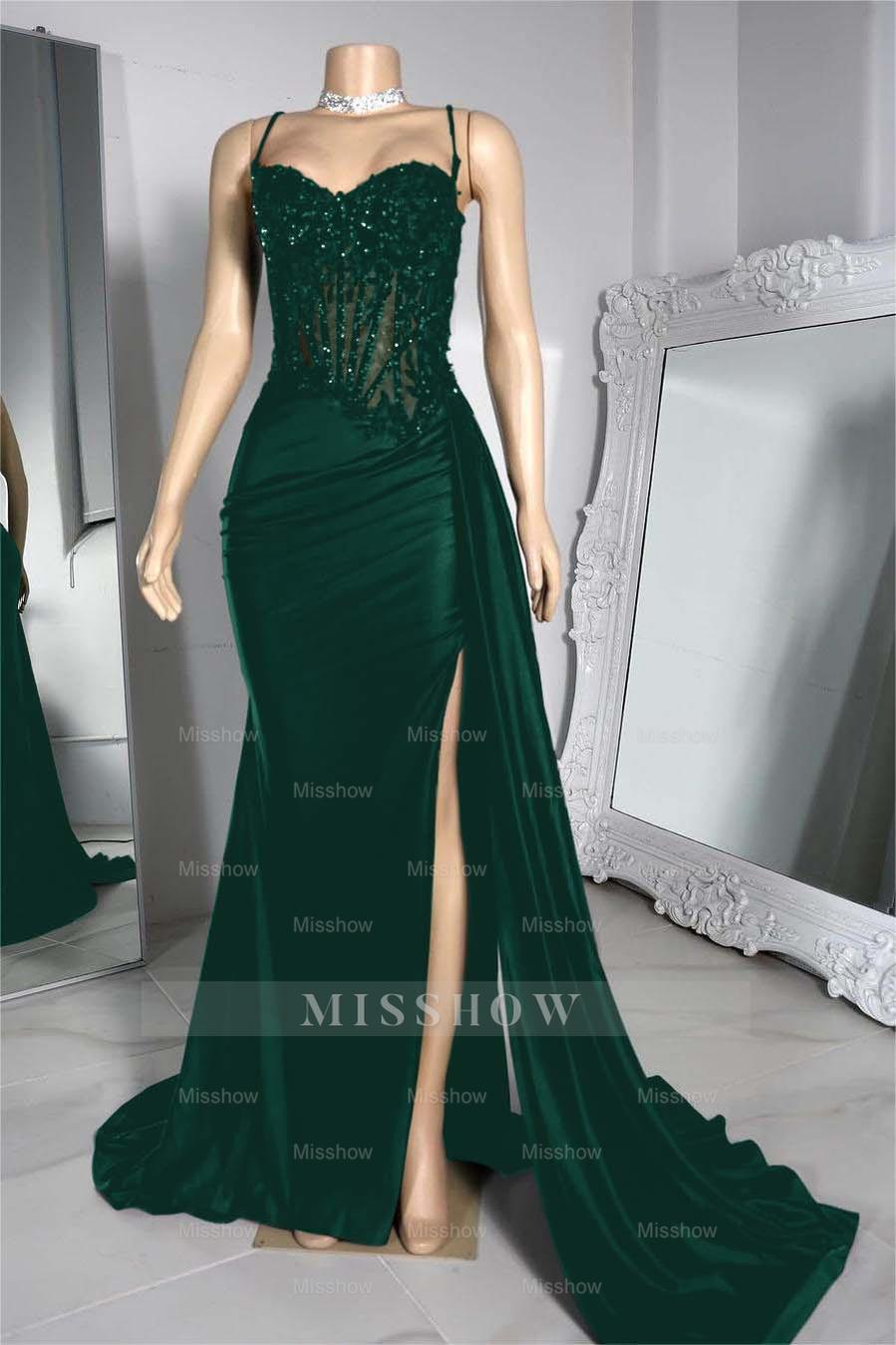 Exquisite Black Spaghetti Strap Sleeveless Pleated Long Split Formal Dress With Beading