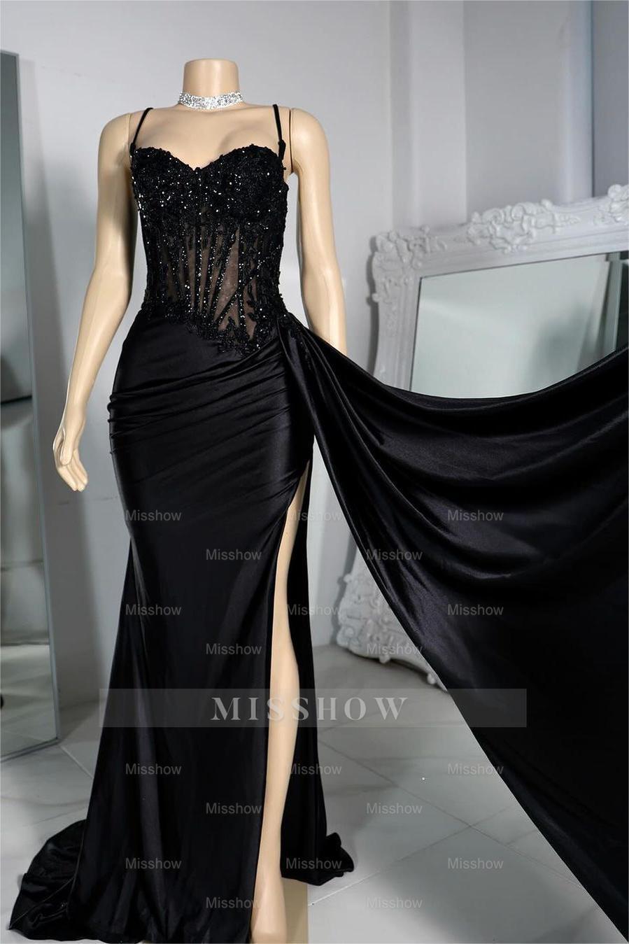 Exquisite Black Spaghetti Strap Sleeveless Pleated Long Split Formal Dress With Beading