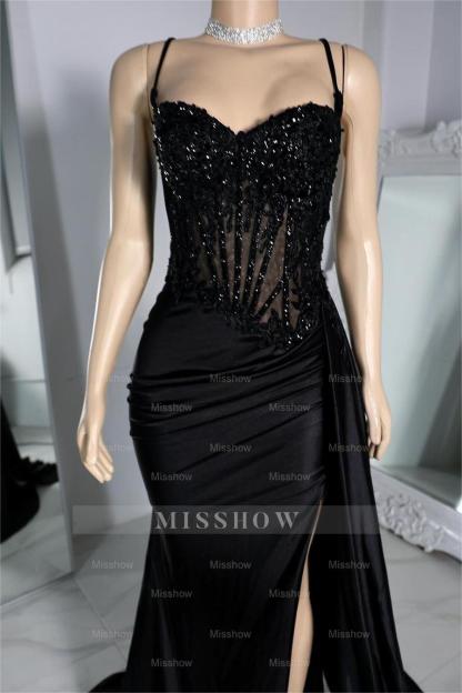 Exquisite Black Spaghetti Strap Sleeveless Pleated Long Split Formal Dress With Beading