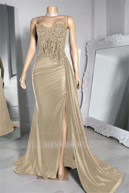 Exquisite Black Spaghetti Strap Sleeveless Pleated Long Split Formal Dress With Beading
