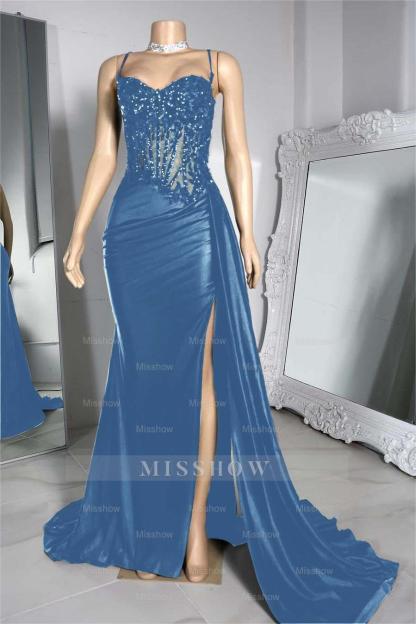 Exquisite Black Spaghetti Strap Sleeveless Pleated Long Split Formal Dress With Beading