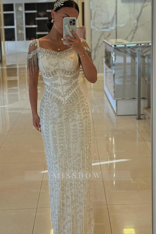 Exquisite Column Portrait Square Neck Floor-Length Evening Dresses with Slit